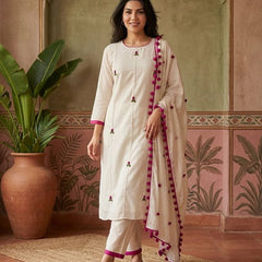 Floral Embroidered Straight Kurta With Trousers & Dupatta