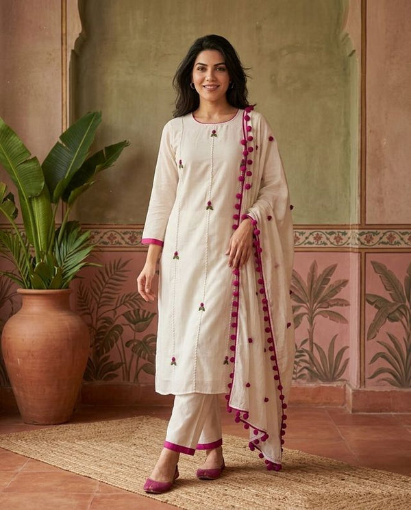 Floral Embroidered Straight Kurta With Trousers & Dupatta