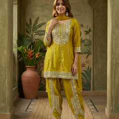 Parrot Green Floral Embroidered & Sequinned A-Line Kurta With Dhoti Pant & Dupatta Kurta Set