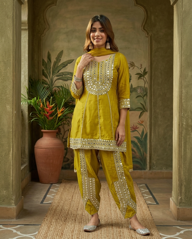 Parrot Green Floral Embroidered & Sequinned A-Line Kurta With Dhoti Pant & Dupatta Kurta Set