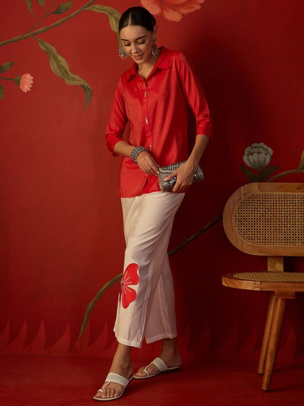 Rust Self Design Shirt Collar Tunic & Trouser Co-Ords