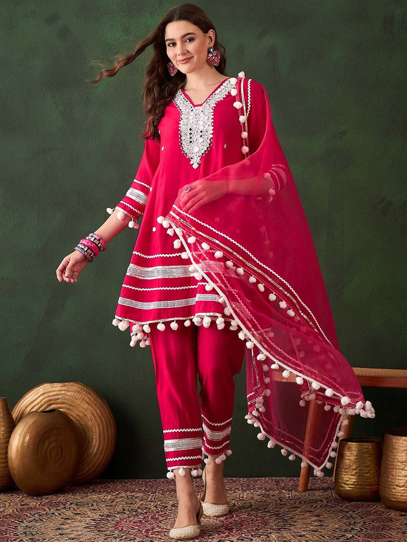 Embroidered Anarkali Kurta & Trousers With Dupatta