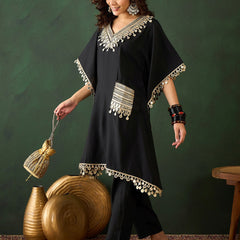 Embroidered  V-Neck Mirror work Kaftan With Trousers
