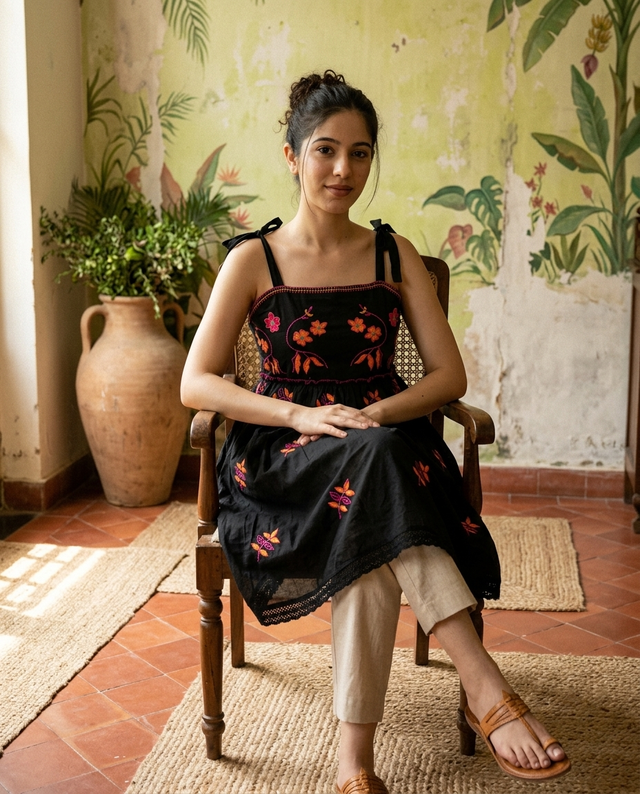 Floral Embroidered Thread Work A-Line Midi Dresss