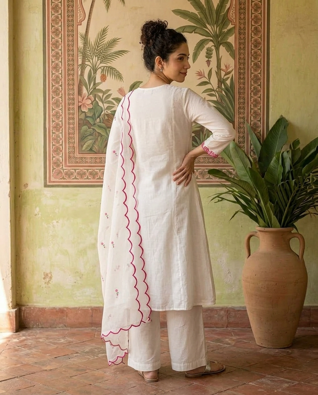 Floral Print & Embroidered Straight Kurta With Trousers & Dupatta