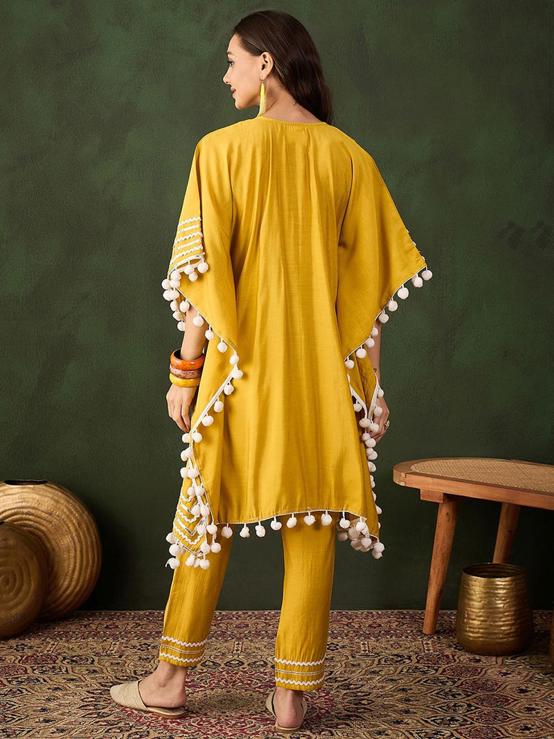 Yellow Geometric Embroidered Mirror Work Roman Silk Kurta With Trouser