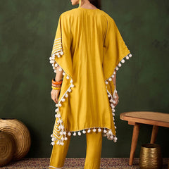 Yellow Geometric Embroidered Mirror Work Roman Silk Kurta With Trouser