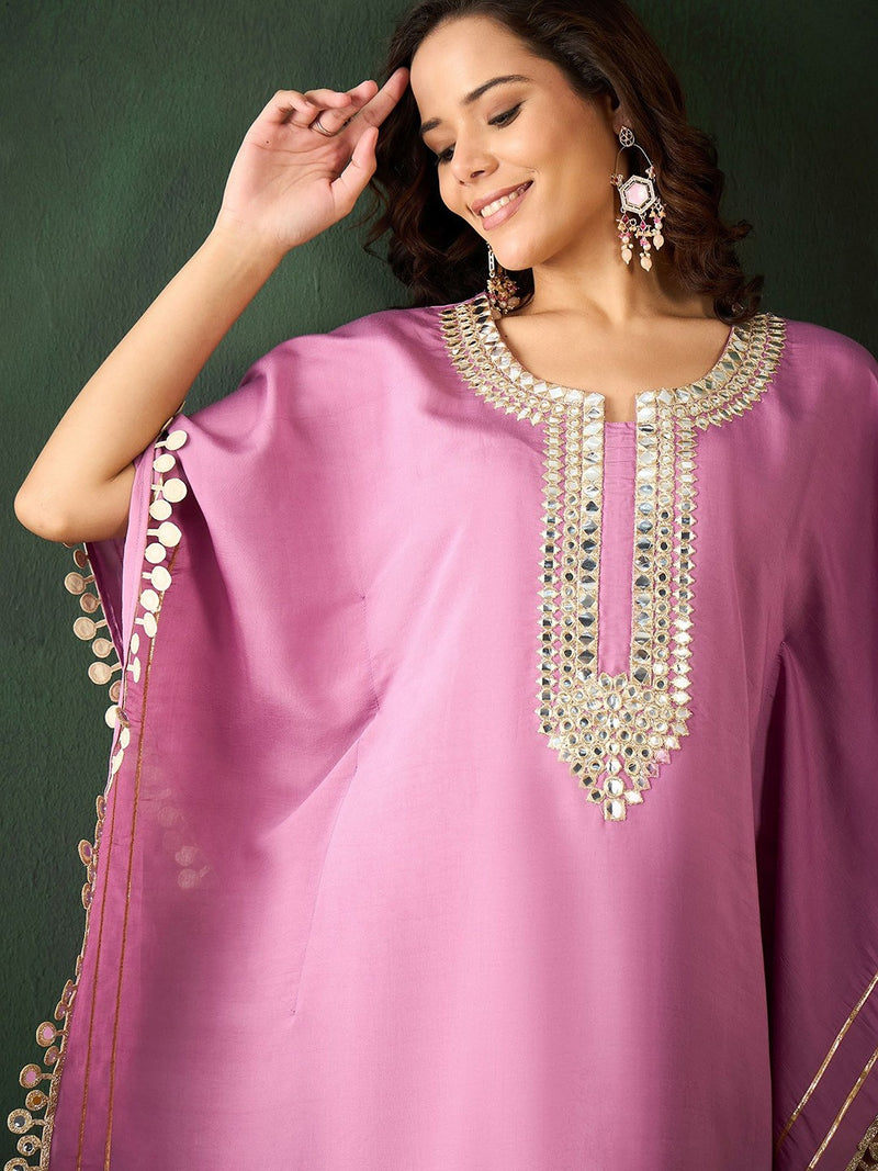 Yoke Design V-Neck Mirror Work Kaftan Kurta With Trousers