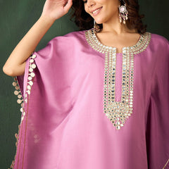 Yoke Design V-Neck Mirror Work Kaftan Kurta With Trousers