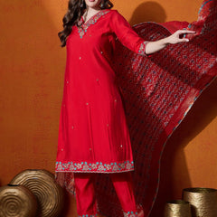 Floral Embroidered V-Neck Pure Silk Kurta With Trousers And Dupatta
