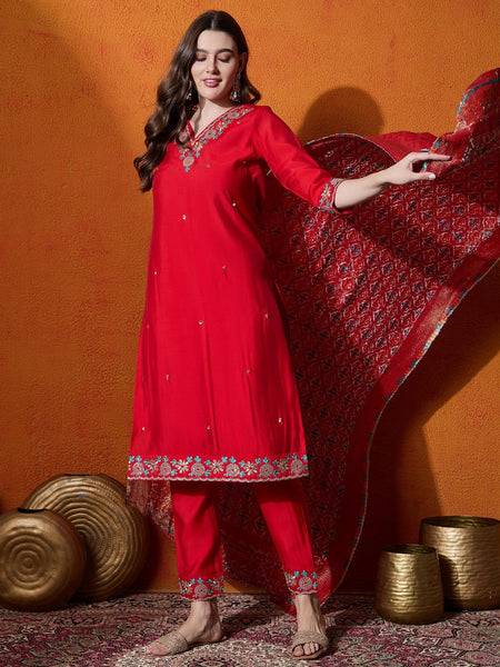 Floral Embroidered V-Neck Pure Silk Kurta With Trousers And Dupatta