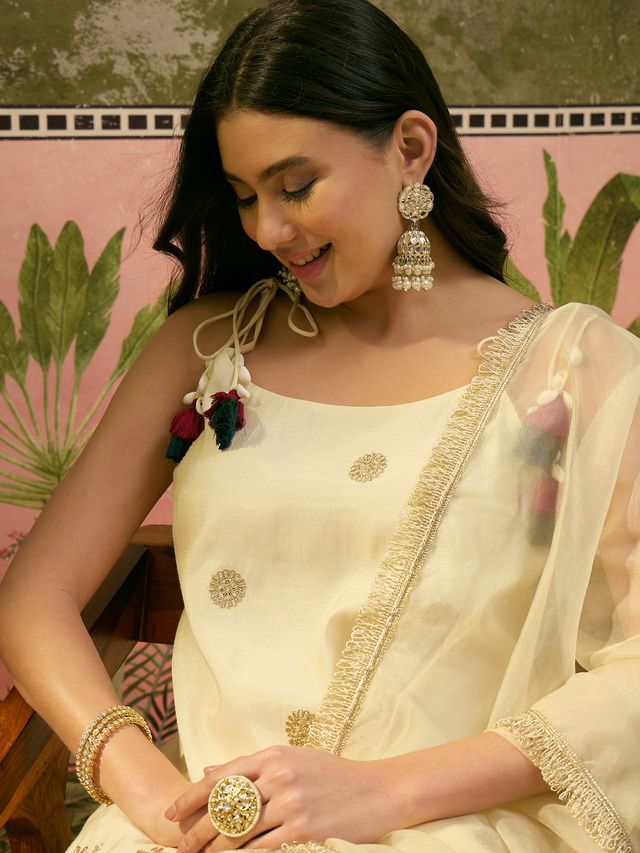 Off White Embroidered & Sequin Work Shoulder Straps  Kurta With Trouser & Dupatta Kurta Set