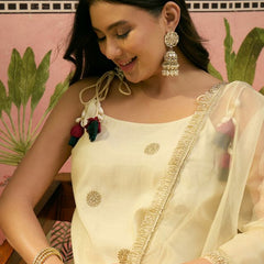 Off White Embroidered & Sequin Work Shoulder Straps  Kurta With Trouser & Dupatta Kurta Set