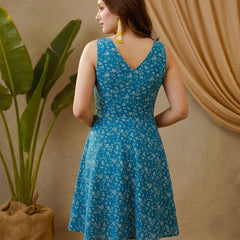 Turquoise Blue Folka Dots Printed Sleevless  A-Line Kurtas