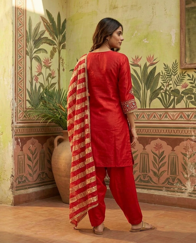 Floral Embroidered & Mirror Work Straight Kurta With & Farsi Salwar & Dupatta