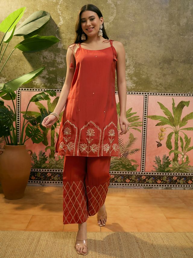 Parrot Green Gota Work  Shoulder Straps Straight Kurta With Trouser Kurta Set