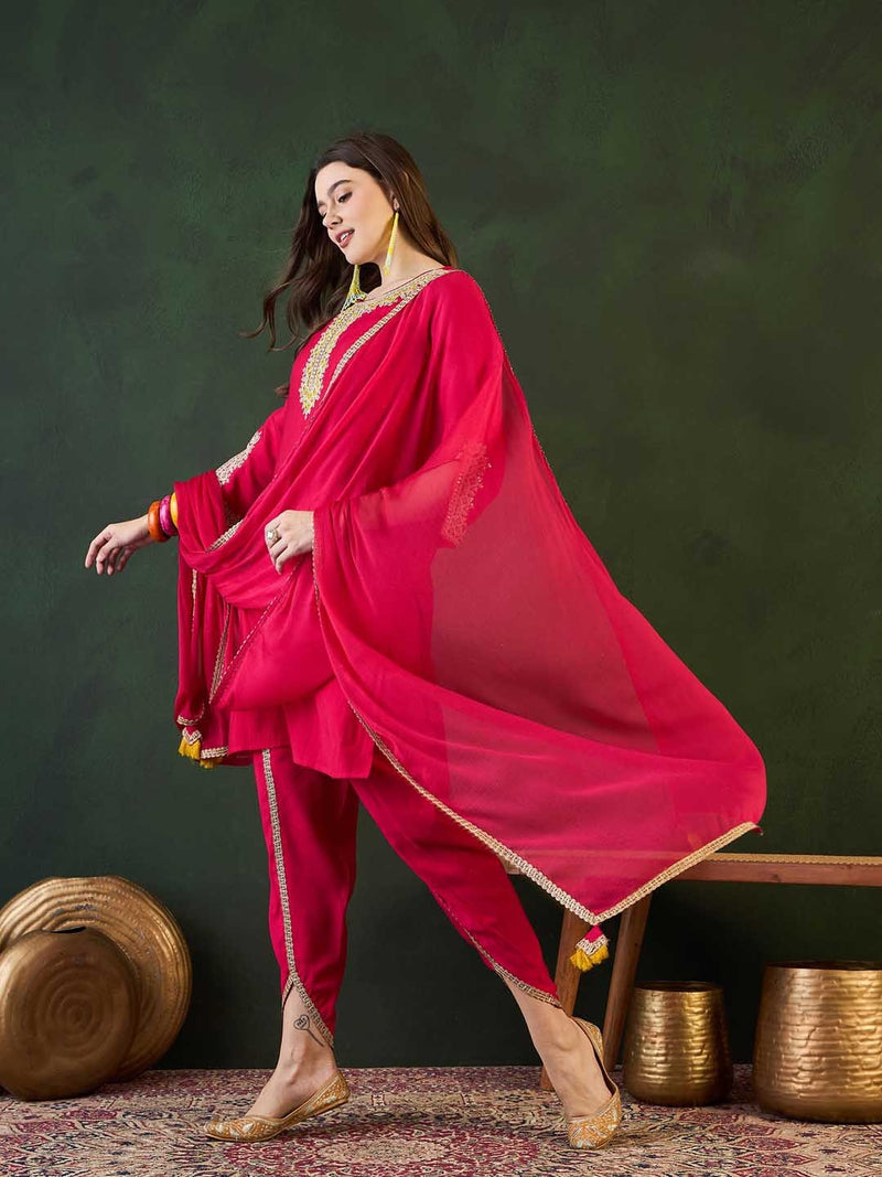 Ethnic Motifs Embroidered Round Neck Straight Kurta With Dhoti Pants And Dupatta