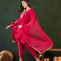 Ethnic Motifs Embroidered Round Neck Straight Kurta With Dhoti Pants And Dupatta