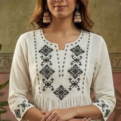 Off White Green Pure Cotton Ethnic Motifs Embroidered A-Line Short Kurti