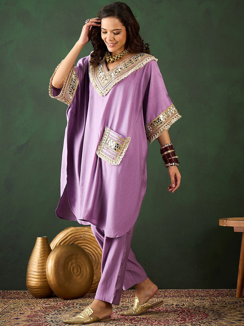 Purple V-Neck Short Sleeves Regular Mirror Work Kaftan Kurta With Trouser