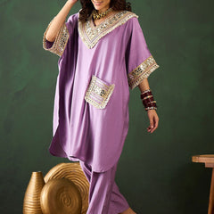 Purple V-Neck Short Sleeves Regular Mirror Work Kaftan Kurta With Trouser