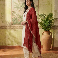 Floral Embroidered & Mirror Work Straight Kurta With & Trousers & Dupatta