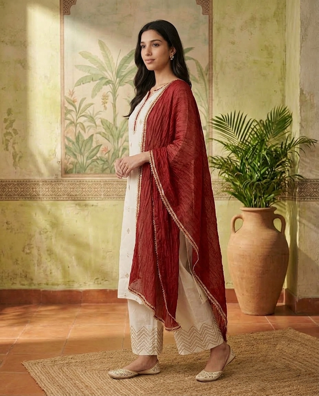 Floral Embroidered & Mirror Work Straight Kurta With & Trousers & Dupatta