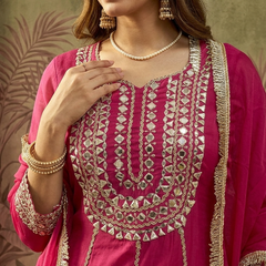 Purple Floral Embroidered & Sequinned A-Line Kurta With Dhoti Pant & Dupatta Kurta Set