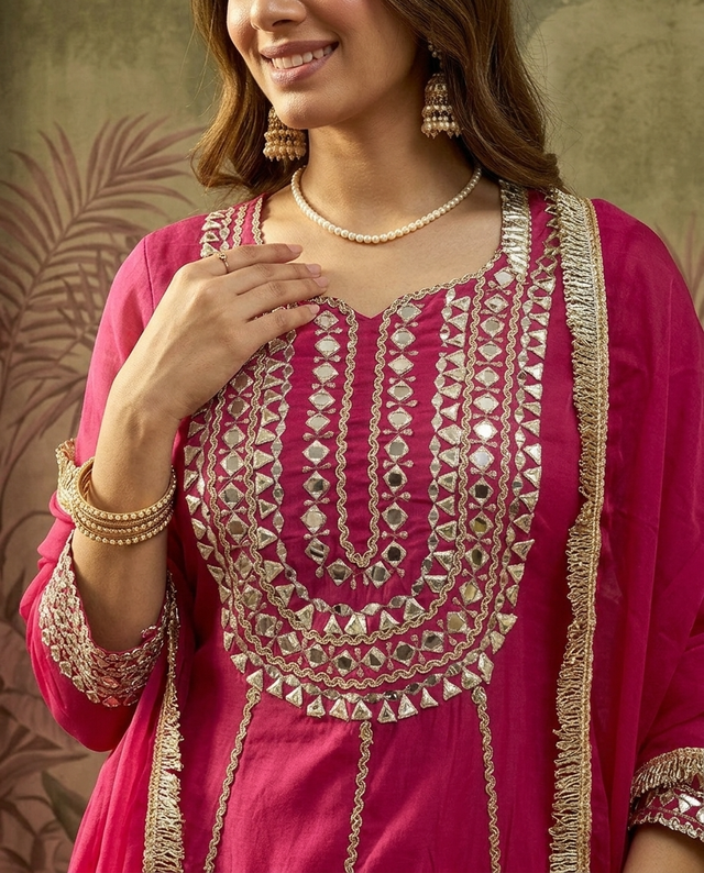 Purple Floral Embroidered & Sequinned A-Line Kurta With Dhoti Pant & Dupatta Kurta Set