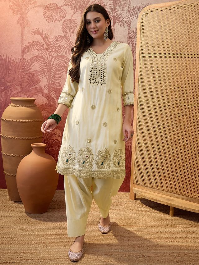 Off White Floral Embroidered & Sequin Work  Kurta With Trouser & Dupatta Kurta Set
