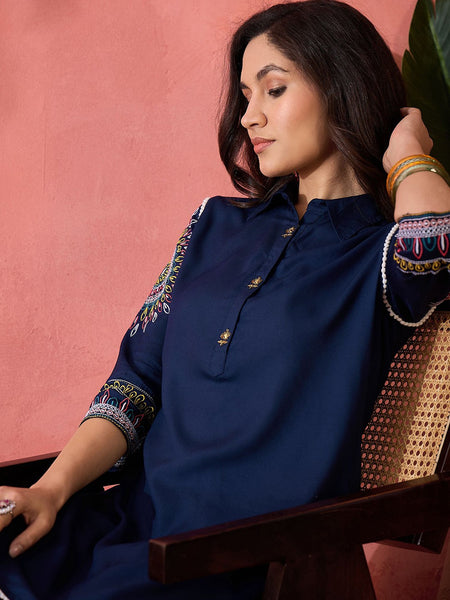 Navy Blue Ethnic Motifs Embroidered Shirt Collar Pathani Kurta With Trouser