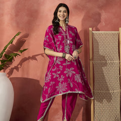 Floral Embroidered Regular Mirror Work Kaftan Kurta with Dhoti Pants