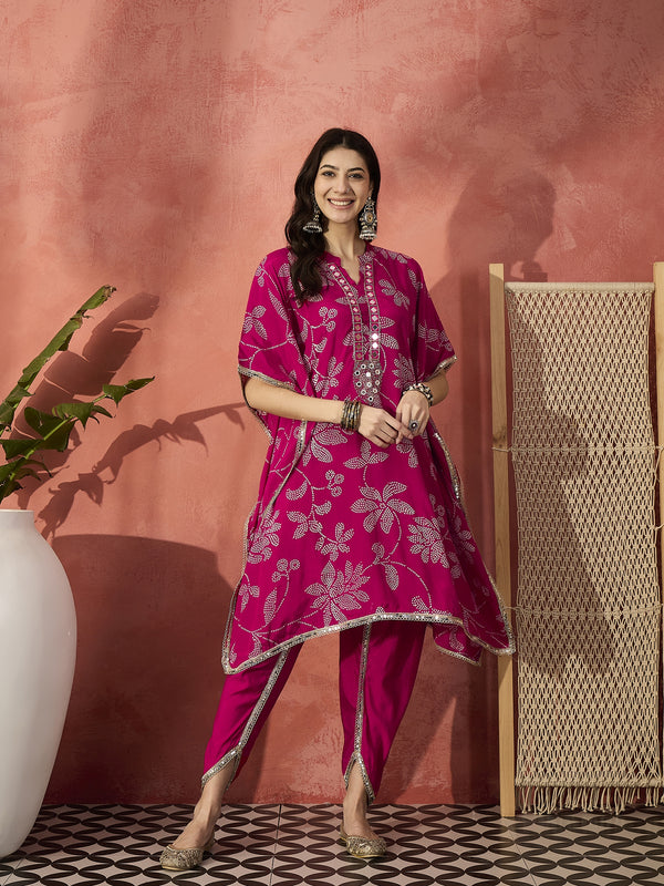 Pink Floral Printed Kaftan Kurta & Dhoti Pant Set