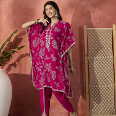 Floral Embroidered Regular Mirror Work Kaftan Kurta with Dhoti Pants