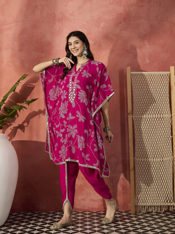 Pink Floral Printed Kaftan Kurta & Dhoti Pant Set