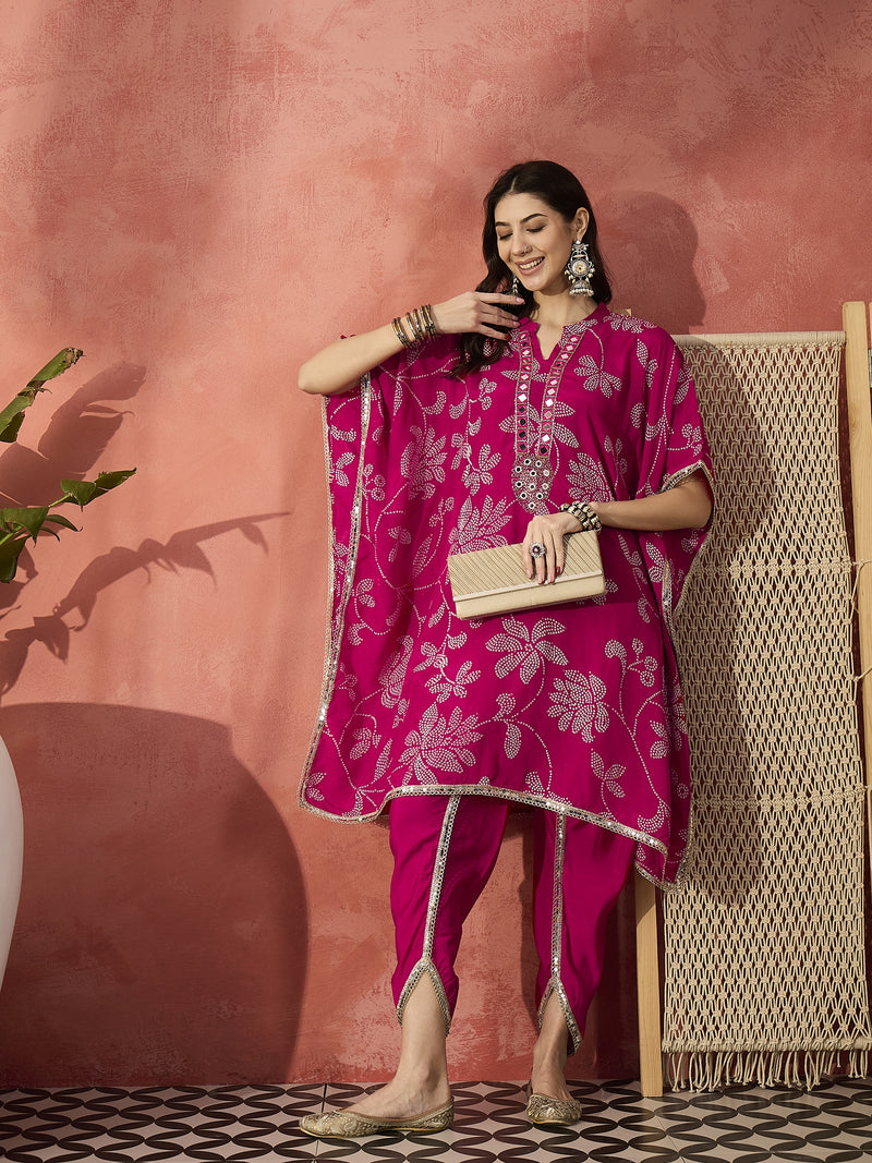 Floral Embroidered Regular Mirror Work Kaftan Kurta with Dhoti Pants