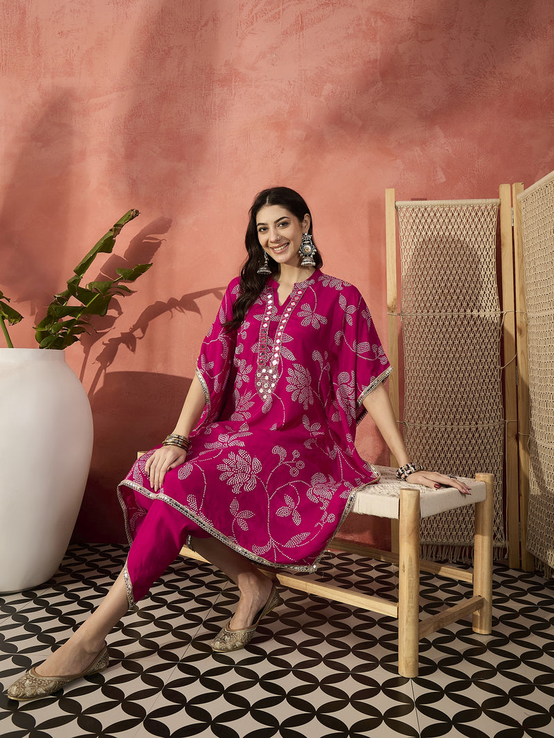 Floral Embroidered Regular Mirror Work Kaftan Kurta with Dhoti Pants