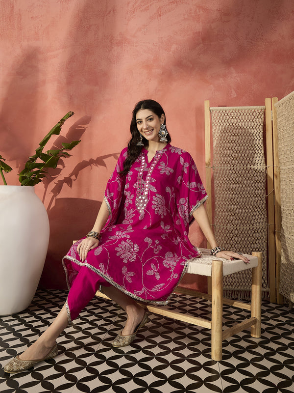 Pink Floral Printed Kaftan Kurta & Dhoti Pant Set