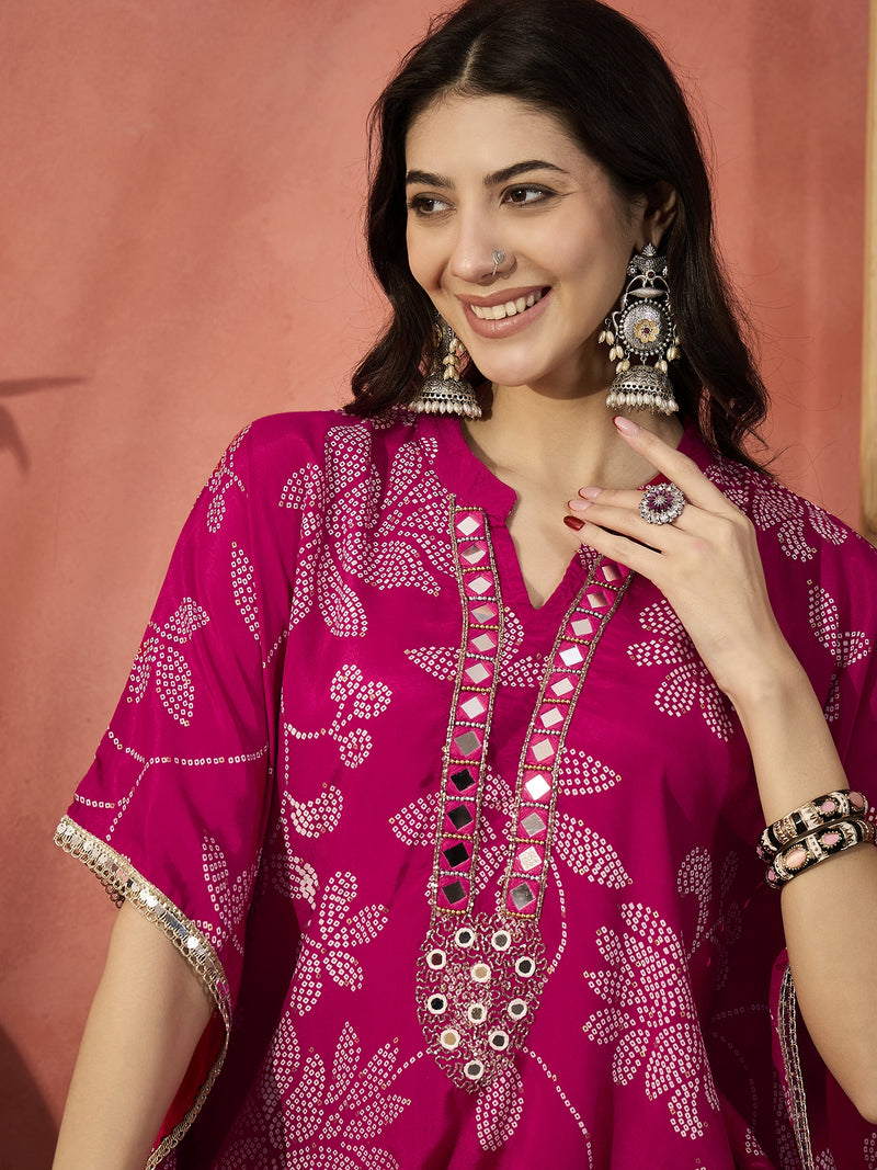 Floral Embroidered Regular Mirror Work Kaftan Kurta with Dhoti Pants