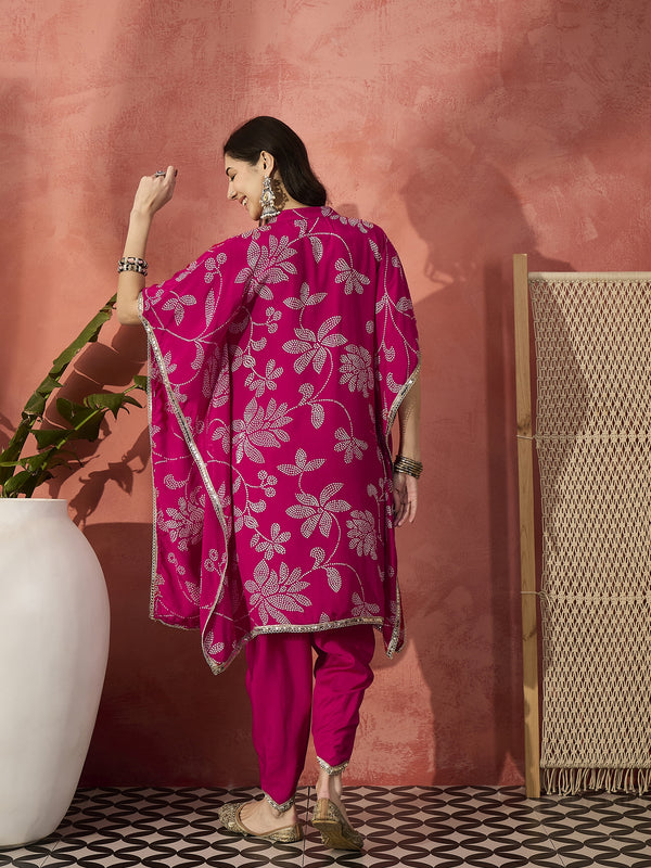 Pink Floral Printed Kaftan Kurta & Dhoti Pant Set