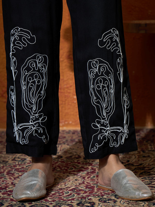 Black Floral Embroidered Shirt With Trouser  Co-Ords Set