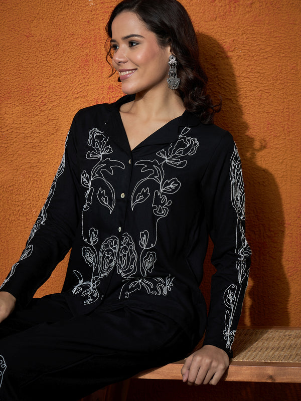Black Floral Embroidered Shirt With Trouser  Co-Ords Set