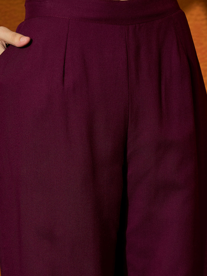 Wine Floral Embroidered Shirt With Trouser  Co-Ords Set