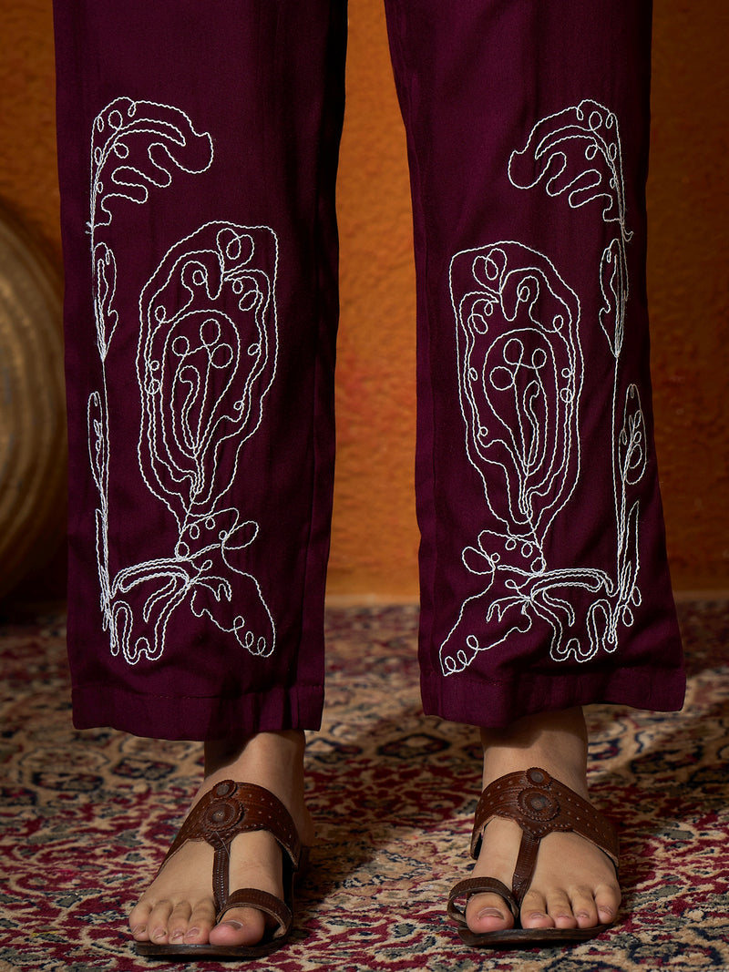 Wine Floral Embroidered Shirt With Trouser  Co-Ords Set