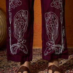 Wine Floral Embroidered Shirt With Trouser  Co-Ords Set