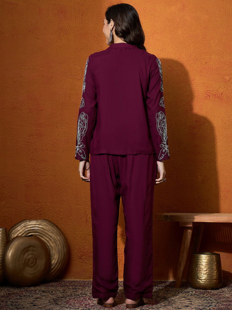 Wine Floral Embroidered Shirt With Trouser  Co-Ords Set