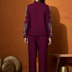 Wine Floral Embroidered Shirt With Trouser  Co-Ords Set