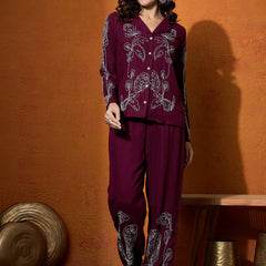 Wine Floral Embroidered Shirt With Trouser  Co-Ords Set