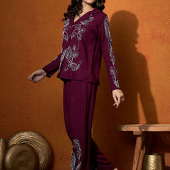 Wine Floral Embroidered Shirt With Trouser  Co-Ords Set