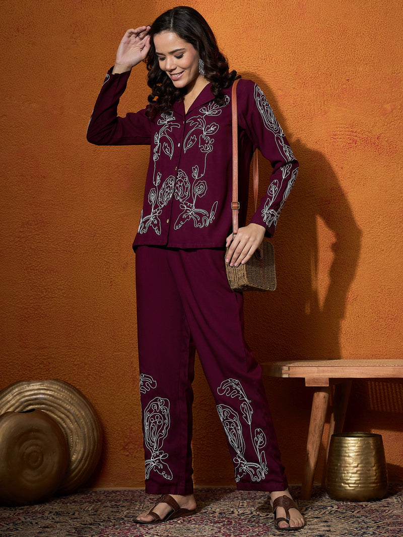 Wine Floral Embroidered Shirt With Trouser  Co-Ords Set